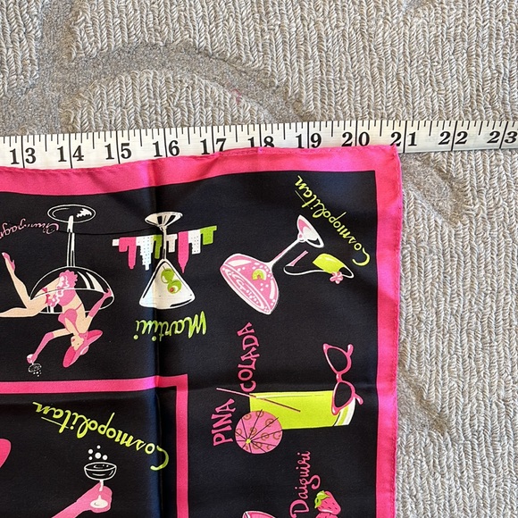 Nick & Nora black silk “cocktail” scarf with pink & green cocktails.  21” square - Picture 3 of 4
